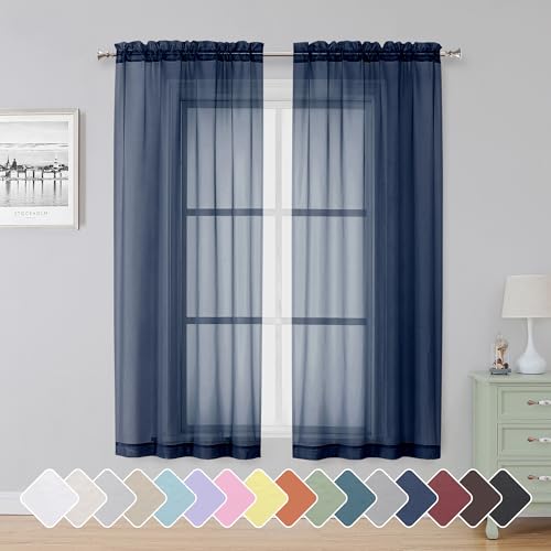 Image of Simplebrand Blue Sheer Curtains 63 Inch Length 2 Panels, Rod Pocket Solid Color Window Sheer Curtain Panels, Elegant Curtains & Drapes for Living Room, Bedroom 2 Panels (Navy Blue, 42 inch W x 63 inch L)