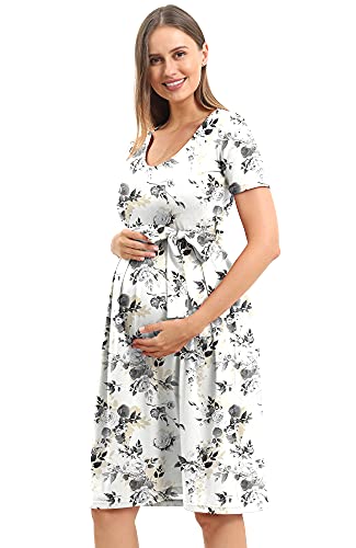Sunnybuy Women's Maternity Dresses Casual Maternity Swing Dress Pregnancy Clothes Knee Length With Belt,White Floral-L #TOP23