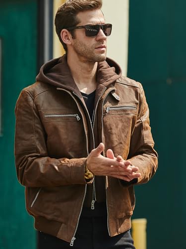 FLAVOR Men's Real Leather Motorcycle Biker Jacket with Removable Hood Brown3
