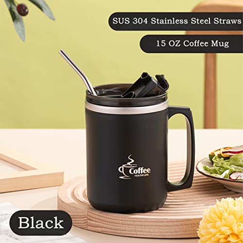 Lcxecnw 15 OZ Coffee Mug With Handle,Double Wall Vacuum Travel Mug,Coffee Mug With Flip lid and Straw,Reusable stainless steel mug,for Home,Office,Travel,Camping,Outdoor(Black) - Image 4