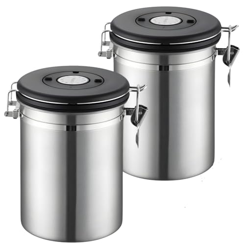 Image of Container for Ground Coffee, Coffee Beans - Coffee Canister 1800 ml with Built in Valve Stainless Steel Airtight with Scoop, Storage for Beans, Grounds, Tea, Sugar (Set of 2)