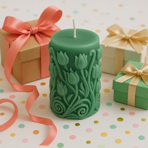 Image of Premium Vanilla Tulip Carved Candle - Handcrafted Decorative Scented Candle for Home Decor, Gifting & Romantic Ambience, Upto 25 Hours Burn time (Green, Vanilla)