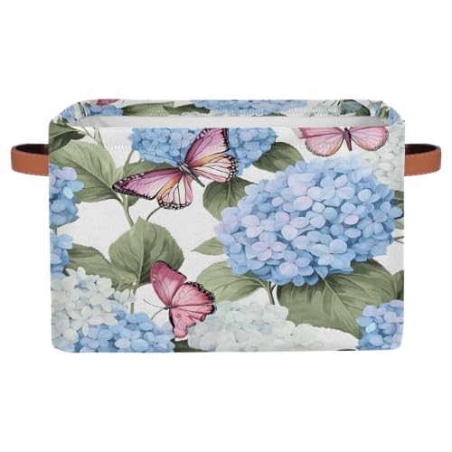 Image of Blue Hydrangea Flowers Storage Baskets for Organizing, Fabric Collapsible Storage Bins Box Pink Butterfly Decorative Toy Organizer Baskets for Closet Shelves Gift Basket 1 Pc