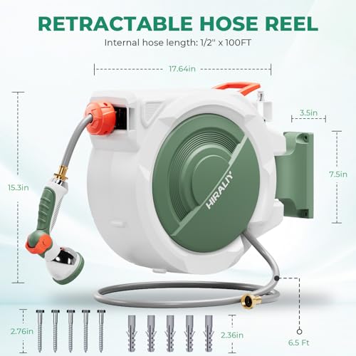 HIRALIY Retractable Garden Hose Reel 1/2'' x 100 ft + 6 ft, Super Heavy Duty, Any Length Lock, Automatic Rewind, Wall Mounted and 180° Swivel Bracket