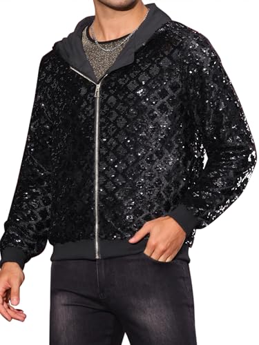 Image of Lars Amadeus Argyle Sequins Jackets for Men's Long Sleeves Metallic Shiny Hooded Disco Jacket
