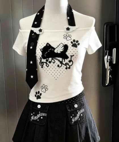 Image of Kawaii Cutecore Harajuku Y2k 2000s Tops Summer Preppy Aesthetic Alt Goth Emo Short Sleeve Graphic Tees