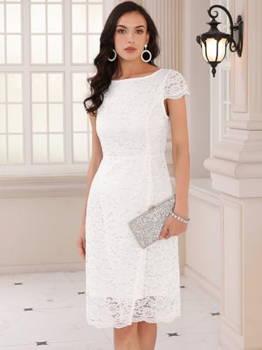 Image of Women's Floral Lace Dress Cap Sleeve Boat Neck Cocktail Midi Wedding Guest Dresses