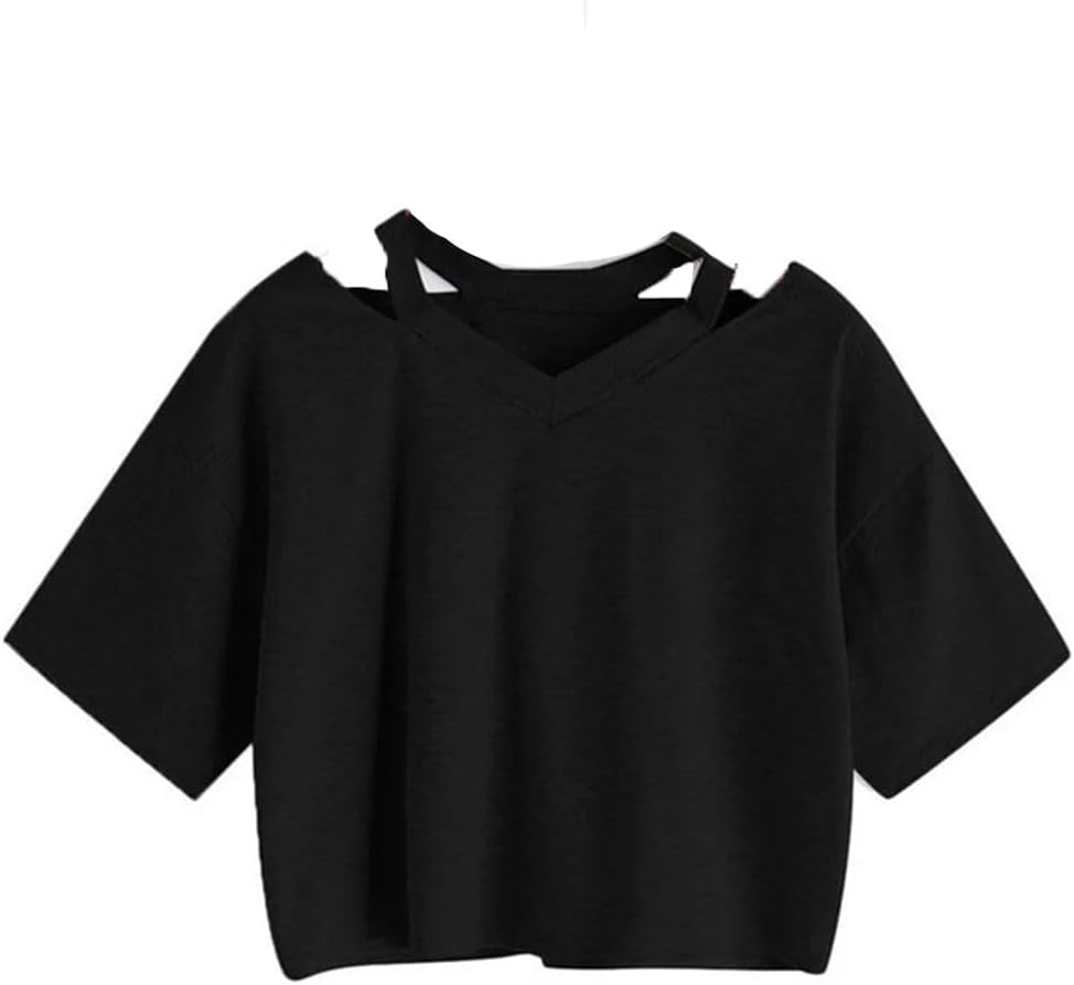 Women's Solid Color Hollow V-Neck Loose Short Sleeves