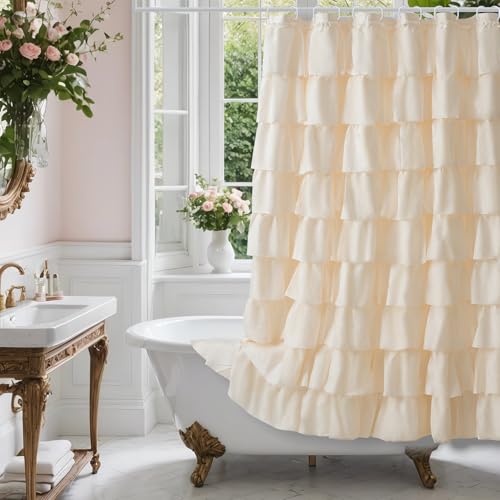 WestWeir Beige Ruffle Shower Curtain - Farmhouse...