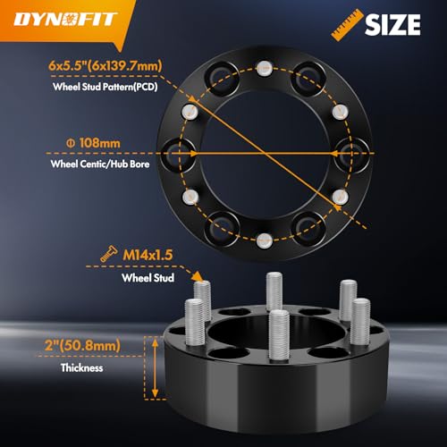Image of dynofit 2in 6x5.5 Wheel Spacers for 1999-2026 Silverado Siera1500 Yukon | 2019-2026 Ram 1500, Forged Aluminum Spacers Set Kit Compatible with Chevrolet GMC Cadillac M14x1.5 Stud 108mm Center Bore