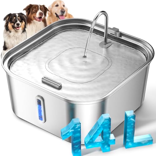 Image of Large Dog Water Fountain 14L /3.7Gal, Stainless Steel Pet Fountain for Large Dogs and Multi-Pets Families, with Visible Window & Extra Wide Drinking Area, Square Design Enlarges Capacity & Saves Space
