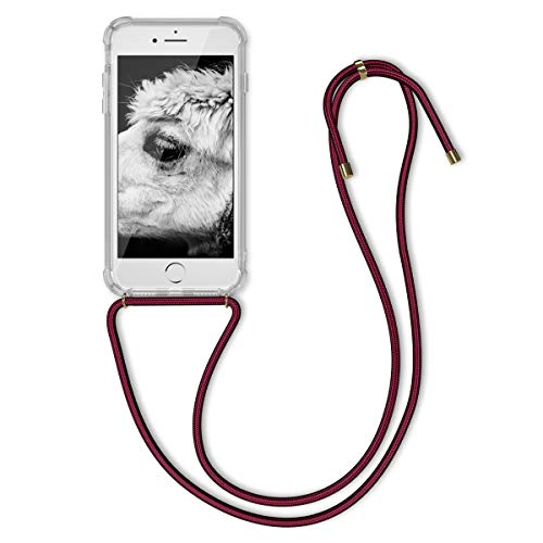 kwmobile Crossbody Case Compatible with Apple iPhone 7/8 / SE (2020) - Clear Transparent TPU Cell Phone Cover with Neck Cord Lanyard Strap - Transparent/Dark Red