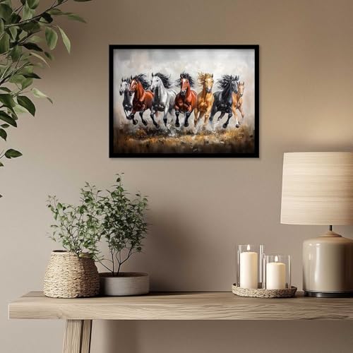 Image of HOTHOUSE Seven Running Vastu Lucky Horse Painting | 7 Horses Vastu Frame Wall Art Painting for Living Room Bedroom Office Home Decor Wall Decor Size (19X25 inch)