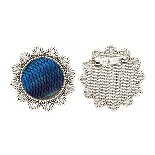 Broche de plata con flores y grabado Fish Blue Mystery en tamaño mediano
