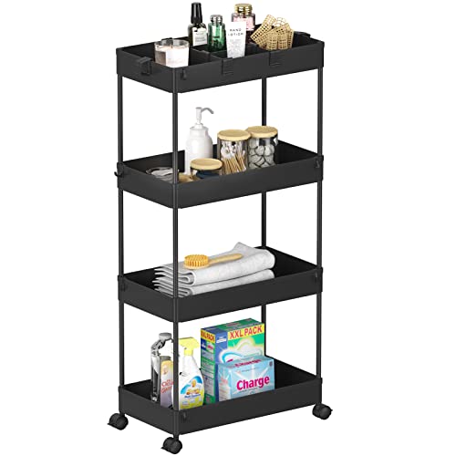 Image of SPACELEAD 4 Tier Rolling Cart with Wheels, Storage Craft Art Trolley Organizer Serving, 3 Hanging Baskets Easy Assembly, for Office, Living Room, Kitchen