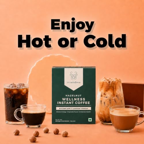 Image of IncredaBrew Wellness Instant Coffee Powder - Dark Chocolate, Hazelnut & Vanilla| Makes 60 Cups of Hot /Cold Coffee, Milk /Black Coffee, Combo Pack of 3 Coffee Flavours x 20 Sachets