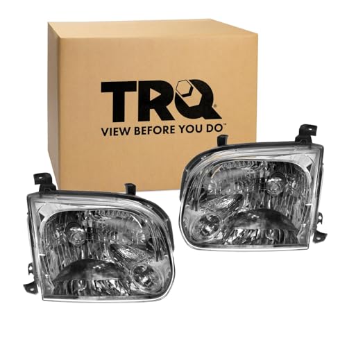 Image of TRQ 2 Piece Headlight Assembly Set Chrome Bezel Driver & Passenger Side Compatible with Toyota Sequoia 2005-2007 Tundra 2005-2006 TO2502158 TO2503158 811100C031 811500C031