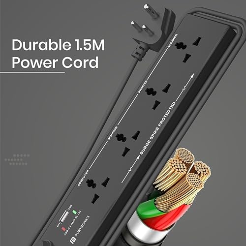Portronics Power Plate 4 Extension Board with 4 Universal Sockets, USB Charging Port, 1.5 Meter Long Cord, 1500 Watts, Child Safety Shutter, 3 Pin Multi Plug for Home Appliances (Black) (Image - 6)