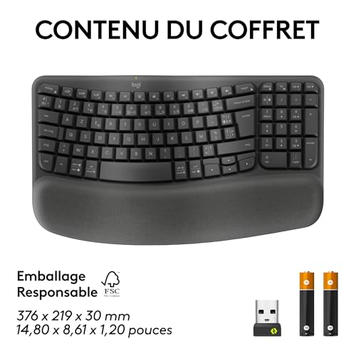 Logitech Wave Keys for Business, Clavier Ergonomique sans Fil avec Repose-Poignets rembourré, Technologie Logi Bolt sécurisée, Bluetooth, Windows/Mac/Chrome/Linux, Clavier FRA AZERTY, Graphite