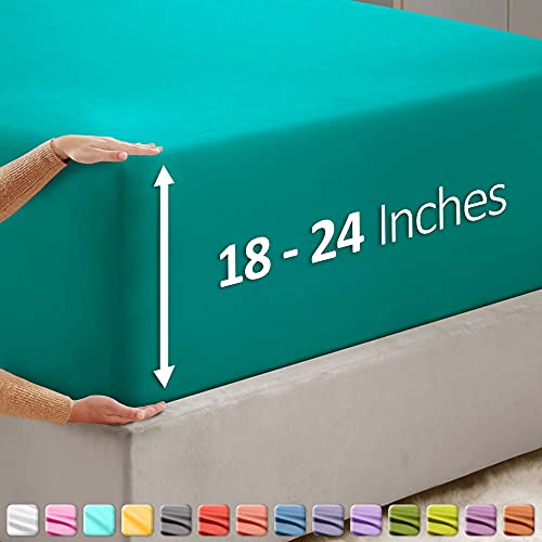 Image of Hearth & Harbor Extra Deep Pocket Full Fitted Sheet - Fits 18 to 24 Inch Mattress - Ultra Soft 1800 Microfiber, Wrinkle-Free & Breathable - Hotel Luxury Fitted Sheet Only, Teal