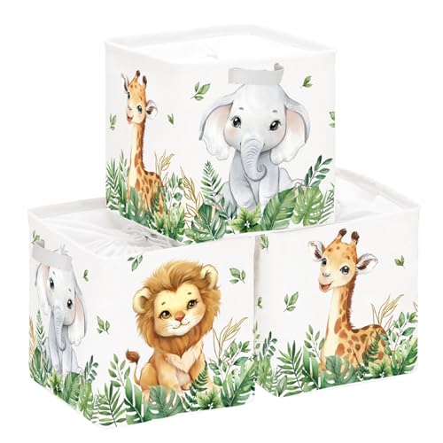 HUUMONSS 30cm Juego de 3 Cajas de Almacenamiento Animales del Bosque Organizadoras de Almacenaje Juguetes León Jirafa Elefante Cestas Almacenaje Niños Libro Ropa para Estantes Armario, Planta Verde