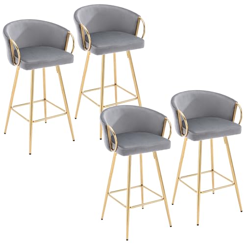 Butacos de barra para mostrador de terciopelo gris de 30", marco dorado, juego de 4 sillas de cocina modernas miniatura 1