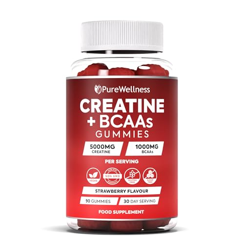 PureWellness Creatine and BCAA Gummies - 5000mg Creatine Monohydrate, 1000mg BCAAs per Serving - Chewable Vegan Sugar Free Gummies, Strawberry Flavour (1 Month Supply)
