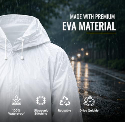 Image of SR EVA Reusable Raincoat with Hood (White) - Pack of 1 | Elasticated Full Sleeves Outdoor Waterproof Raincoat for Men & Women | Rainwear | Button Closure | Knee Length | Universal Fit (White)
