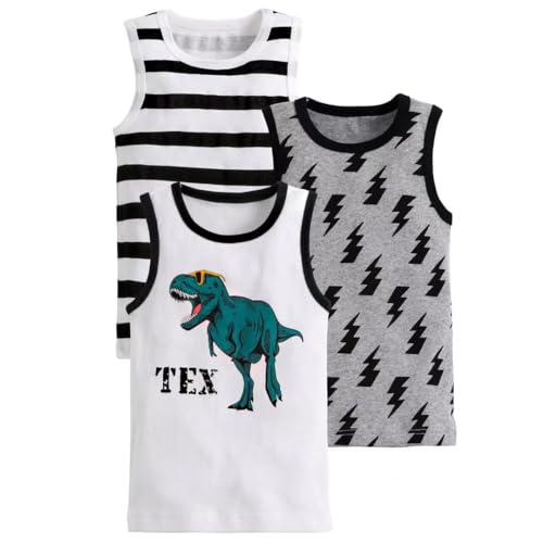 benetia Toddler Baby Boys Cotton Sleeveless Tank Top Cartoon Dinosau Undershirts Kids 18 Months- 8Years 3-Pack, White Stripe Grey, 1-2 Years