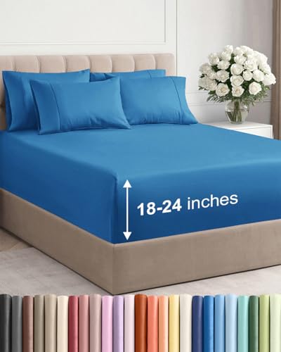 Image of Extra Deep King Sheet Set - 6 Piece Breathable Cooling Sheets - Denim Blue | Hotel Luxury Bed Sheets Set, Easy & Secure Fit, Ultra-Soft, Wrinkle & Fade Free, Comfy Sheets Set with Extra Deep Pockets