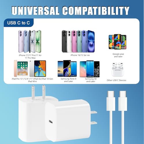 Image of iPhone 17 16 Pro Charger Fast Charging,2Pack 20W Quick USB C Charger Block Type C Chargers Fast Charging,3FT USBC Charging Cable Cord for iPhone 17 Pro /17 ProMax /17 Air /16 /16 ProMax /16e /15 Pro /15 Plus