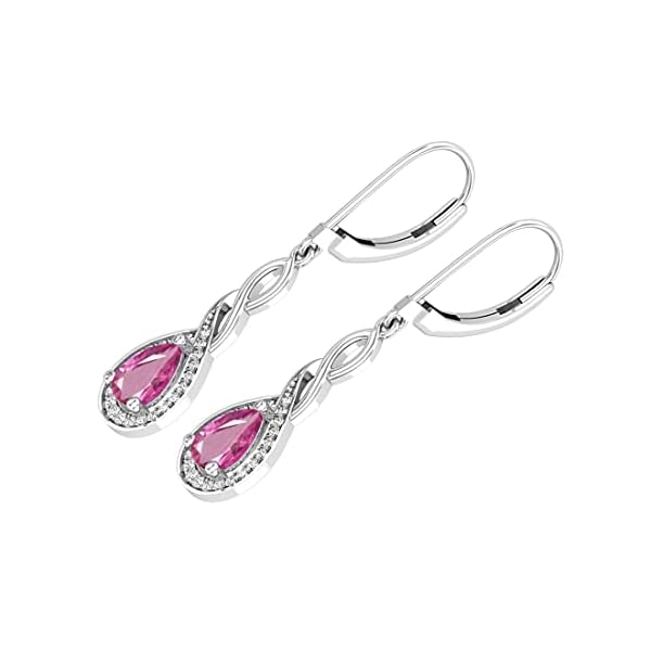 Dazzlingrock Collection 7x5mm Pear Lab Created Pink Sapphire & Round White Diamond Classic Halo Swirl Lever Back Dangle Earrings for Women in 925 Sterling Silver - Image 5