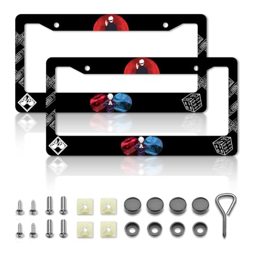 Anime License Plate FramesAnime Car Accessories for Women and Men License Plate HolderAluminum License Plate Frame Fits Standard US Vehicles Size 12.2 x 6 Inch (Black-Go jo)