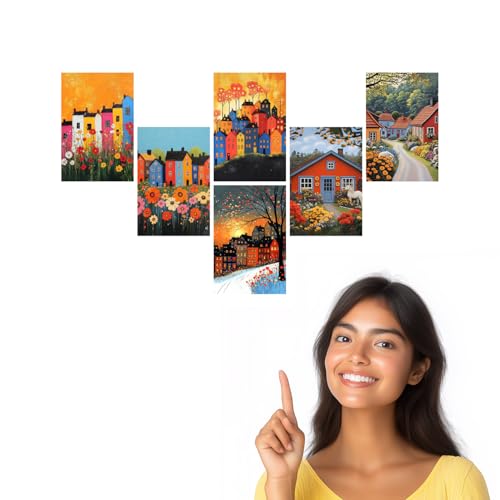 Image of SiddArtify Colorful Houses Wall Art Print Set - Whimsical Town Poster Decor for Living Room Bedroom - Set of 2-4x6 Inch - Board (Pack of 6) - Sticker (Pack of 6)