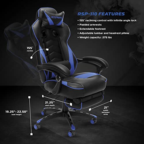 Image of RESPAWN 110 Ergonomic Gaming Chair with Footrest Recliner - Racing Style High Back PC Computer Desk Office Chair - 360 Swivel, Adjustable Lumbar Support, Headrest Pillow, Padded Armrests - 2019 Blue