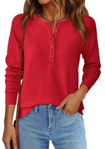 Image of PRETTYGARDEN Women's Long Sleeve Waffle Knit Henley Shirts Loose Tunic Tops