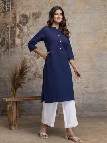 Image of feranoid Women's Plain Cotton Kurta with Mandarin Collar, 3 /4 Sleeves & Pocket