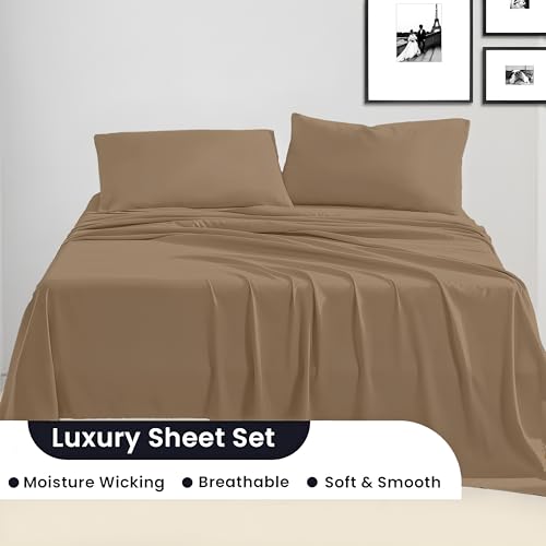 Image of SGI bedding Queen Bed Sheets Set - Premium 600 TC Egyptian Cotton, Crisp & Cooling Sateen Weave, Extra Soft Hotel Collection, Fits Mattresses Up to 16 Inch Deep, Breathable & Long Lasting - Taupe