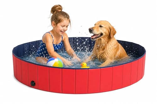 lionto Hundepool faltbar aus kratzfestem PVC-Material, Ø 80 cm, Höhe 20 cm, Anti-Rutsch-Belag & Abflussstopfen für schnelle Entleerung, Keine Pumpe benötigt, robuster Kinderpool, blau/rot