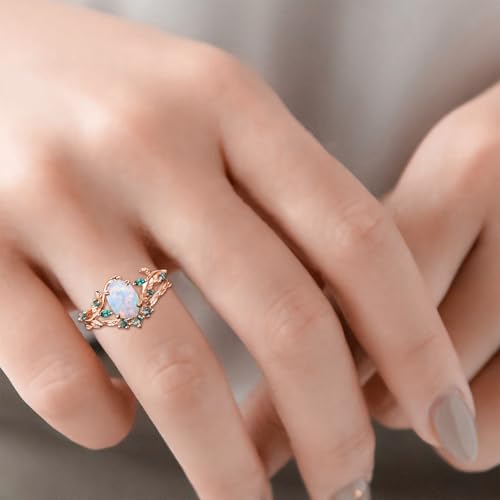Personalized 1CT White Opal Engagement Ring Set for Women, 10K 14K 18K Solid Gold Leaf Vine Art Deco Wedding Ring Sets Bridal Promise Rings Gift for Her Bride Wife Mother3