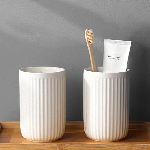 BSDISP Toothbrush Holders for Bathrooms - 2 Cups Ceramic Toothbrush Toothpaste Holders Set, Beige Bathroom Tumbler Cups Reusable Toothbrush Mouthwash Cup, Bathroom Counter Organizer Cover