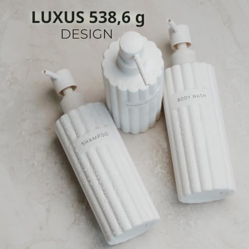 Stilvoller Shampoo- und Spülungsspender-Set mit 3 Stück – Moderne Duschseifenflaschen mit Pumpe und Etiketten – einfach zu befüllender Duschwaschspender für EIN sofortiges Badezimmer-Dekor-Upgrade