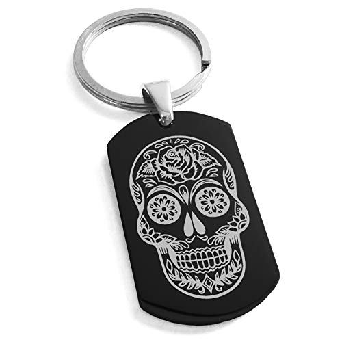 Stainless Steel Day of the Dead Sugar Skull Symbol Dog Tag Keychain Keyring