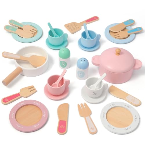 SimpliPlay Wooden Play Dishes for Kids Kitchen Play Kitchen Accessories
