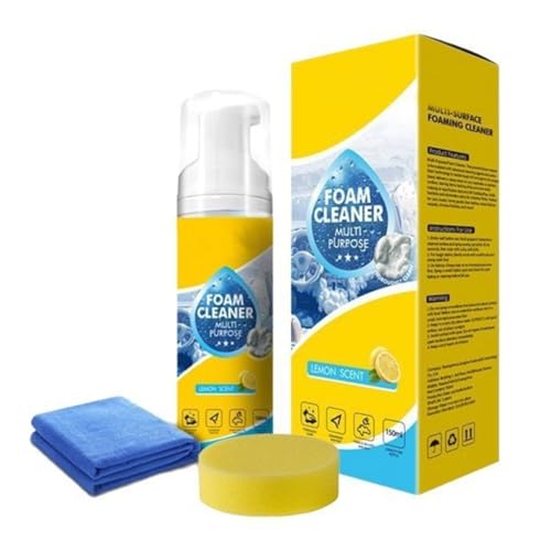 Multi-Purpose Foam Cleaner for Car Interior, Lemon Scent, with Microfiber Towel and Sponge, 150ml