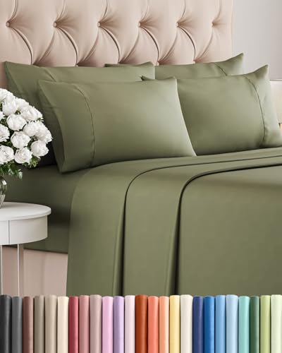 Image of Queen 6 Piece Bed Sheet Set - Breathable & Cooling Sheets - Sage Green