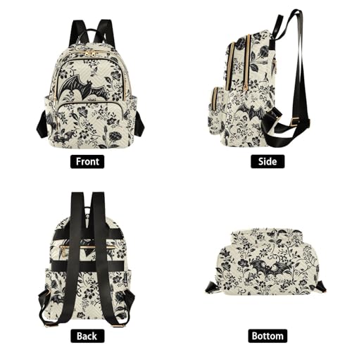 Image of Goth Bat Flowers Quilted Backpack Purse for Women Fashion Small Backpack M | Shoulder Bag Travel Casual Daypack