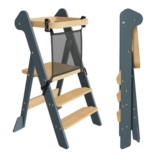 COSYLAND Torre de Aprendizaje Plegable Desde 1 Año – Premio iF Design, Torre Montessori con Red de Seguridad y Altura Ajustable, Ideal para Cocina y Baño, Foldi (Azul Pizarra y Natural)