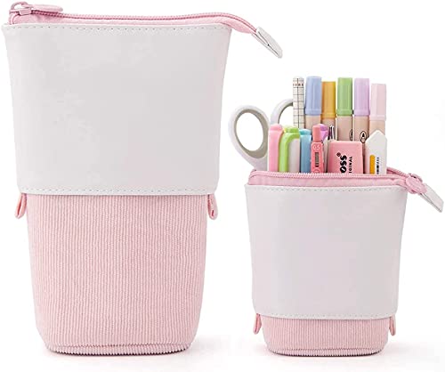 Estuche telescópico para lápices, de pana de poliuretano, práctico estuche de papelería, soporte para cosméticos, bolsa de maquillaje, color rosa Cover