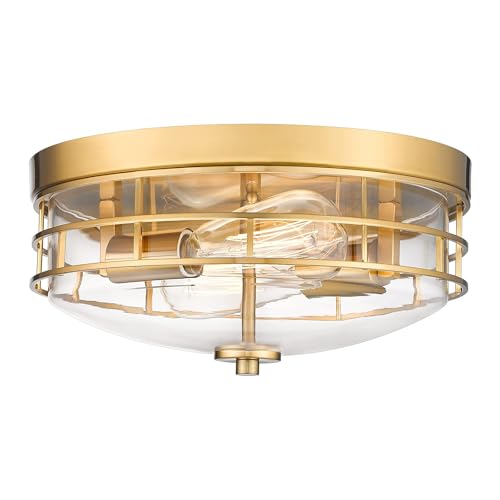 EMLIVIAR 12 Inch Ceiling Light with Seeded Glass Shade - Indoor Outdoor Modern Flush Mount Ceiling Light Fixture, Brushed Gold Finish, AUT24 BG